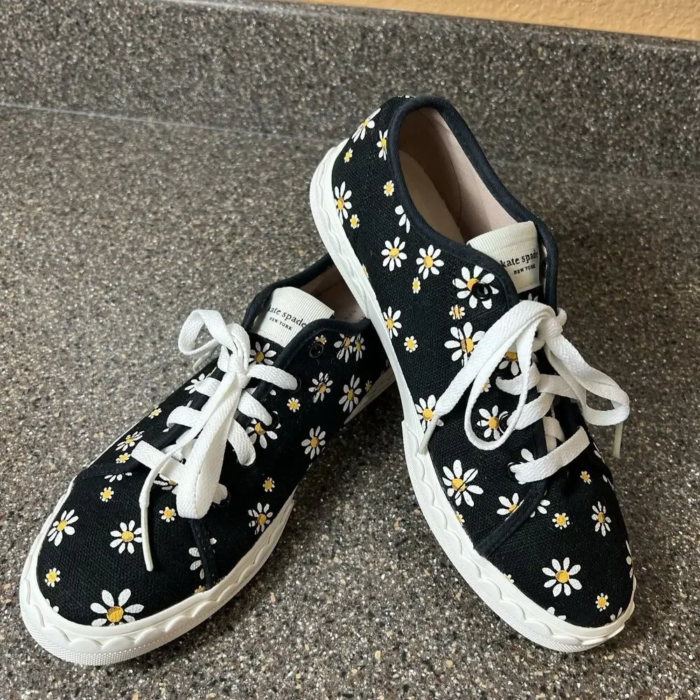 kate spade new york Sneaker Floral Daisies Canvas Black Women Sz 7.5 Lace Up Low
